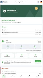 Mobile Gäste-Ansicht von Camping-Digital mit Öffnungszeiten, Wetter, Lageplan und Notfallnummern